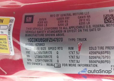 2015 Chevrolet Silverado 2500Hd Wt z USA, uszkodzony, nr VIN 1GC0KUEG8FZ547870